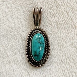 Vintage Sterling Silver Turquoise Pendant Oval Rope Bezel Boho Southwest